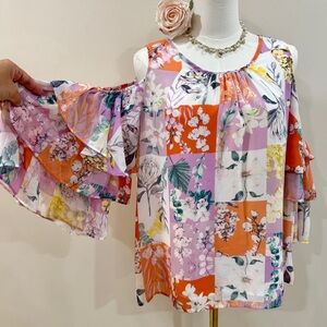 Cato Patchwork Floral Cold Shoulder Ruffle Sleeve Blouse Boho Romantic Top M